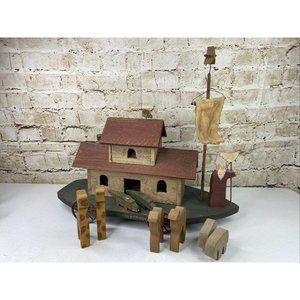 Hand Crafted Wooden Noahs Ark with 4 pair of Animalls Folk Art 24"